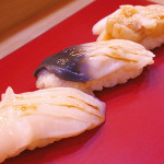 ３貫セット(帆立、北寄貝、つぶ貝) 720円